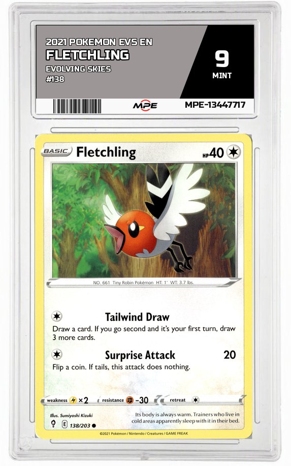 2021 POKEMON EVS EN Evolving Skies #138 FLETCHLING MPE 9 MINT — graded card auctioned from the MPE vault