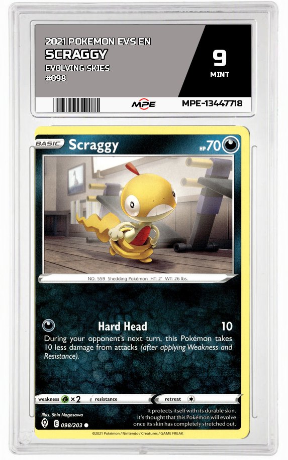 2021 POKEMON EVS EN Evolving Skies #098 SCRAGGY MPE 9 MINT — graded card auctioned from the MPE vault