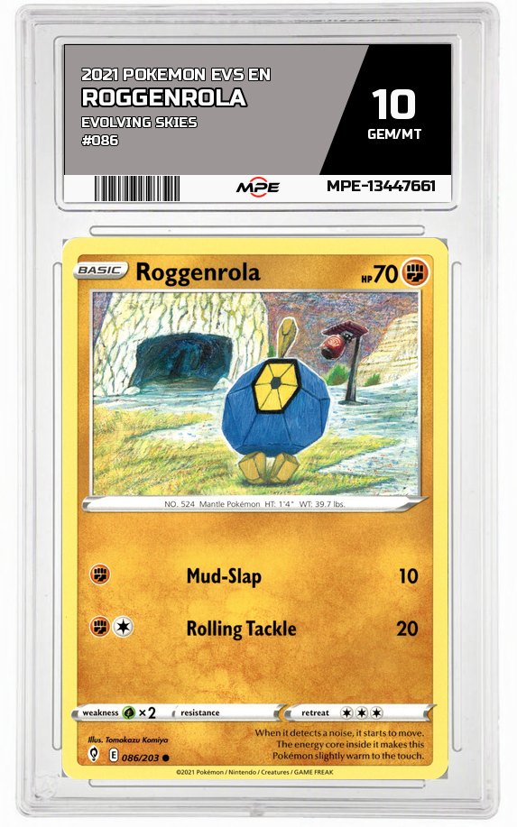 2021 POKEMON EVS EN Evolving Skies #086 Roggenrola MPE 10 GEM/MT — graded card auctioned from the MPE vault