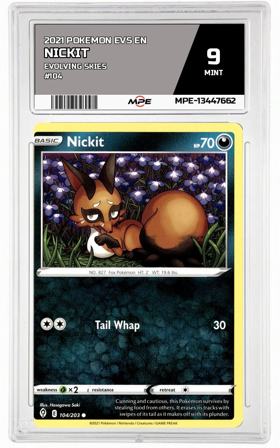 2021 POKEMON EVS EN Evolving Skies #104 Nickit MPE 9 MINT — graded card auctioned from the MPE vault