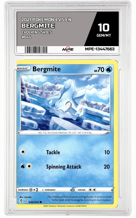 2021 POKEMON EVS EN Evolving Skies #044 Bergmite MPE 10 GEM/MT — graded card auctioned from the MPE vault