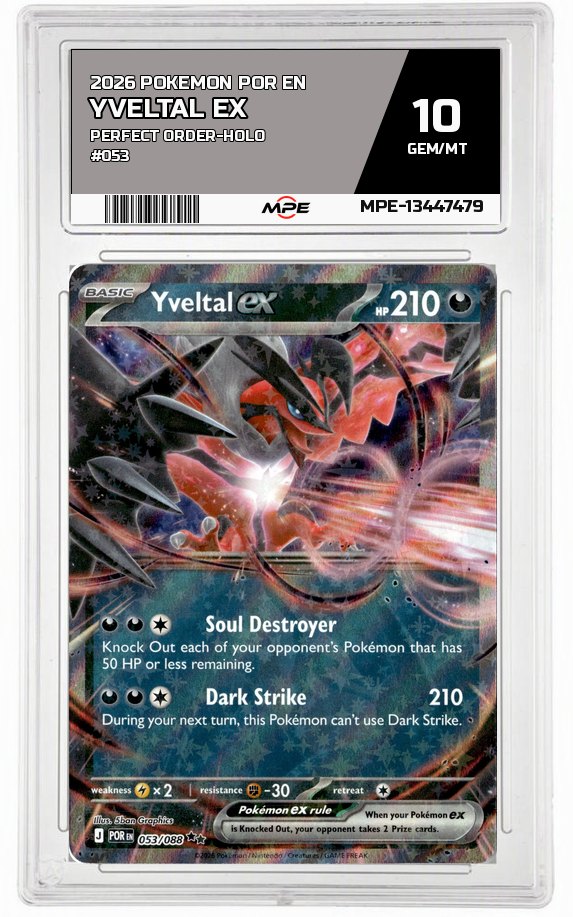 2026 POKEMON POR EN Perfect Order-HOLO #053 Yveltal EX MPE 10 GEM/MT — graded card auctioned from the MPE vault