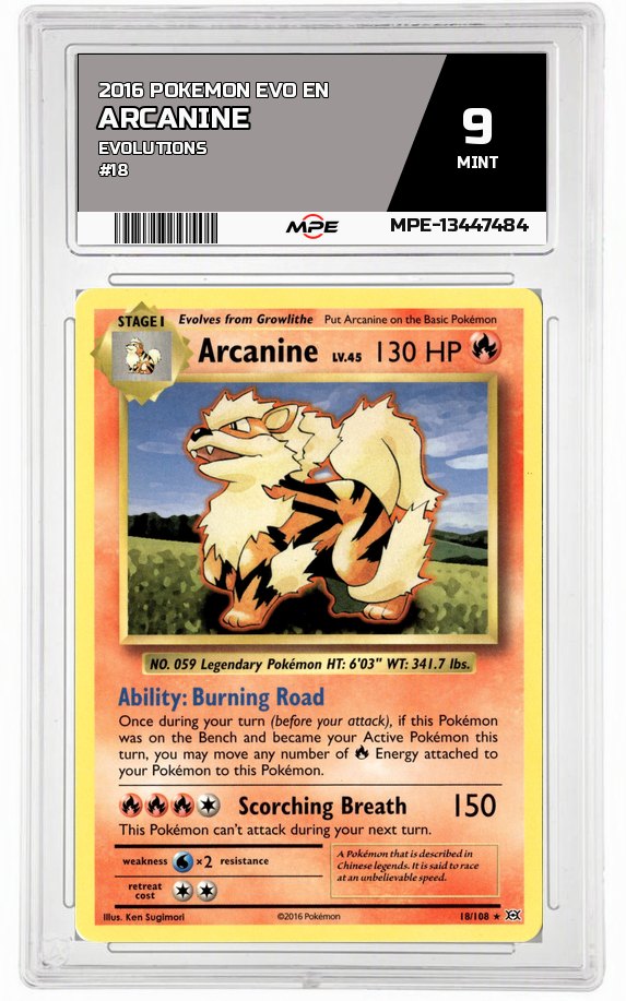2016 POKEMON EVO EN Evolutions #18 ARCANINE MPE 9 MINT — graded card auctioned from the MPE vault