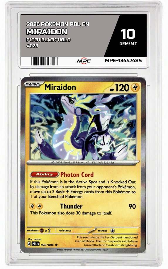 2026 POKEMON PBL EN Pitch Black-HOLO #028 Miraidon MPE 10 GEM/MT — graded card auctioned from the MPE vault