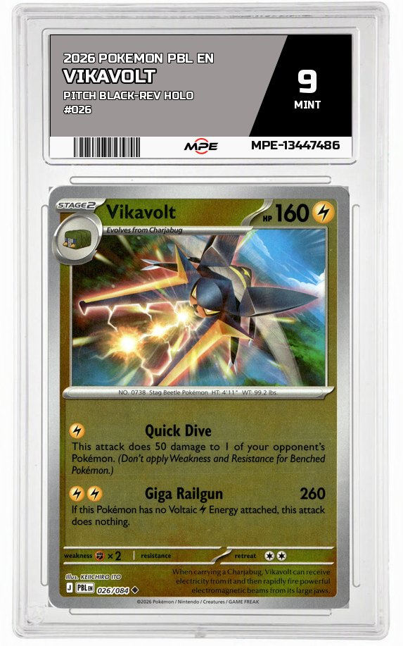 2026 POKEMON PBL EN Pitch Black-REV HOLO #026 VIKAVOLT MPE 9 MINT — graded card auctioned from the MPE vault