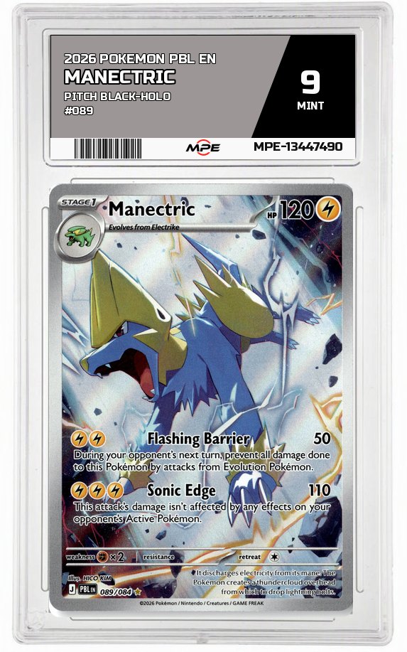 2026 POKEMON PBL EN Pitch Black-HOLO #089 Manectric MPE 9 MINT — graded card auctioned from the MPE vault