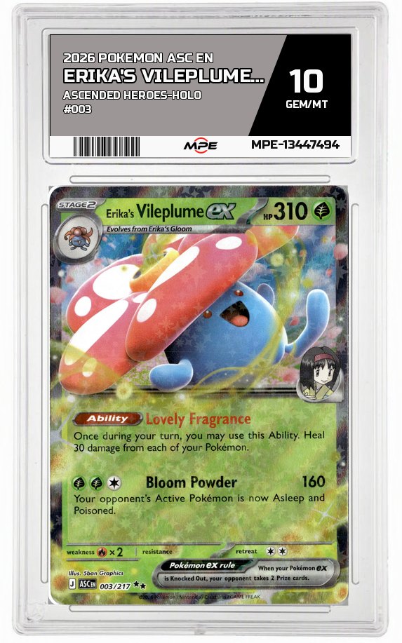 2026 POKEMON ASC EN Ascended Heroes-HOLO #003 Erika's Vileplume EX MPE 10 GEM/MT — graded card auctioned from the MPE vault