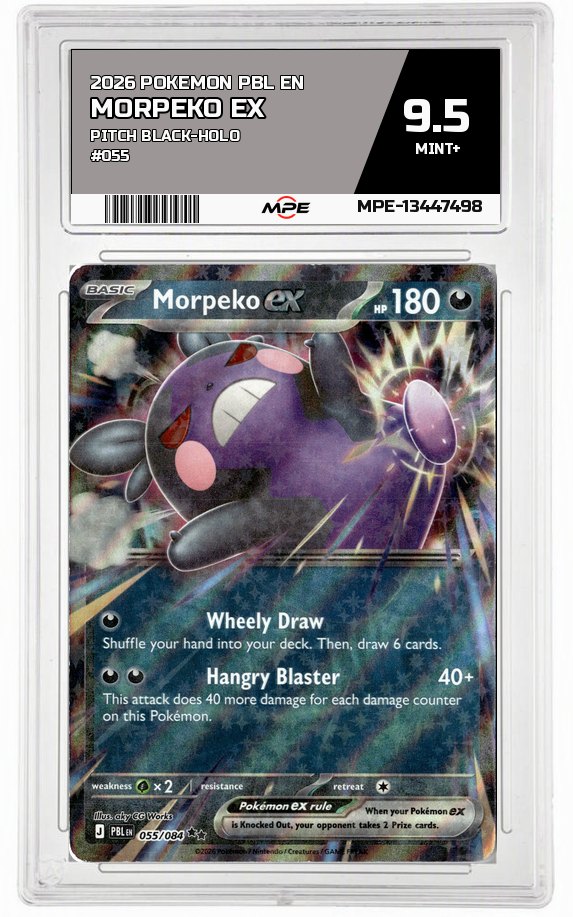 2026 POKEMON PBL EN Pitch Black-HOLO #055 Morpeko EX MPE 9.5 MINT+ — graded card auctioned from the MPE vault