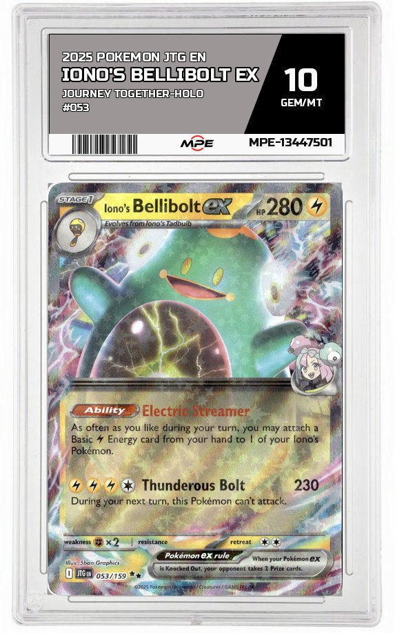 2025 POKEMON JTG EN Journey Together-HOLO #053 Iono's Bellibolt EX MPE 10 GEM/MT — graded card auctioned from the MPE vault