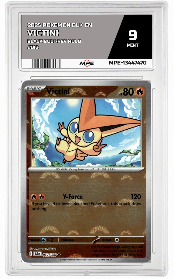2025 POKEMON BLK EN Black Bolt-REV HOLO #012 VICTINI MPE 9 MINT — graded card auctioned from the MPE vault