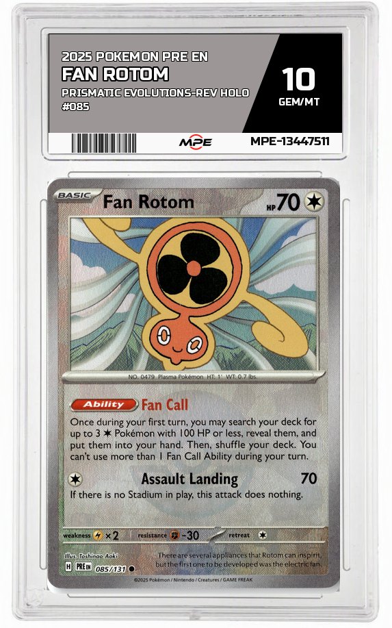 2025 POKEMON PRE EN Prismatic Evolutions-REV HOLO #085 Fan Rotom MPE 10 GEM/MT — graded card auctioned from the MPE vault
