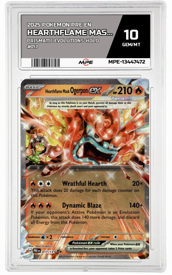 2025 POKEMON PRE EN Prismatic Evolutions-HOLO #017 Hearthflame Mask Ogerpon EX MPE 10 GEM/MT — graded card auctioned from the MPE vault