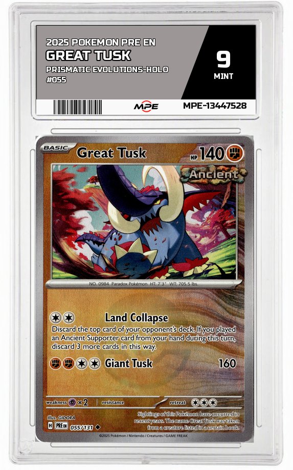 2025 POKEMON PRE EN Prismatic Evolutions-HOLO #055 GREAT TUSK MPE 9 MINT — graded card auctioned from the MPE vault