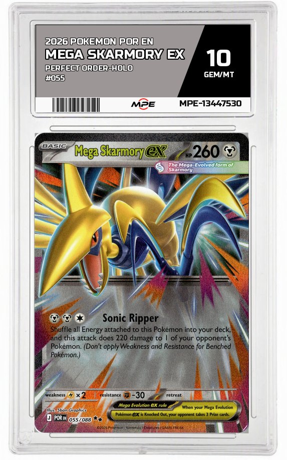 2026 POKEMON POR EN Perfect Order-HOLO #055 Mega Skarmory EX MPE 10 GEM/MT — graded card auctioned from the MPE vault