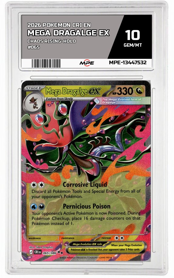 2026 POKEMON CRI EN Chaos Rising-HOLO #065 Mega Dragalge EX MPE 10 GEM/MT — graded card auctioned from the MPE vault