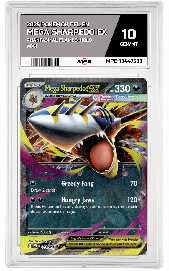 2025 POKEMON PFL EN Phantasmal Flames-HOLO #061 Mega Sharpedo EX MPE 10 GEM/MT — graded card auctioned from the MPE vault