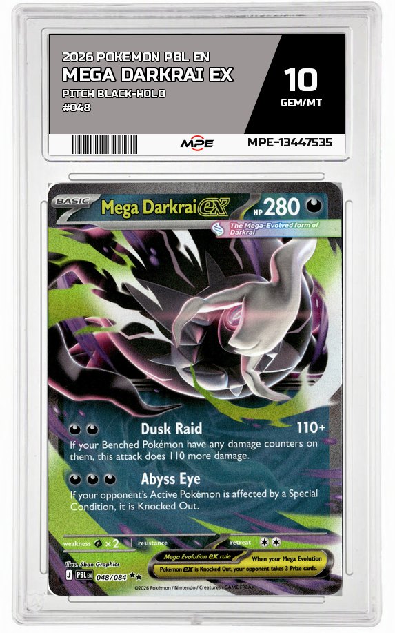 2026 POKEMON PBL EN Pitch Black-HOLO #048 Mega Darkrai EX MPE 10 GEM/MT — graded card auctioned from the MPE vault