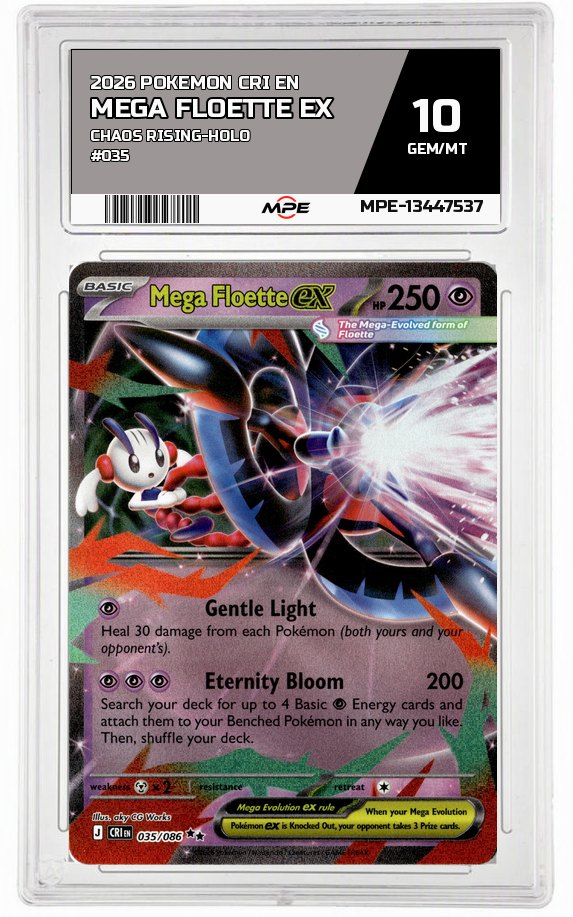 2026 POKEMON CRI EN Chaos Rising-HOLO #035 Mega Floette EX MPE 10 GEM/MT — graded card auctioned from the MPE vault