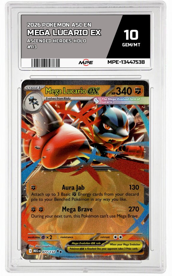 2026 POKEMON ASC EN Ascended Heroes-HOLO #113 Mega Lucario EX MPE 10 GEM/MT — graded card auctioned from the MPE vault
