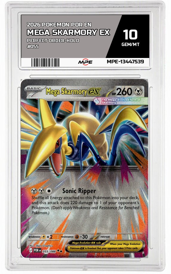 2026 POKEMON POR EN Perfect Order-HOLO #055 Mega Skarmory EX MPE 10 GEM/MT — graded card auctioned from the MPE vault