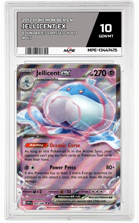 2012 POKEMON BCR EN Boundaries Crossed-HOLO #045 JELLICENT EX MPE 10 GEM/MT — graded card auctioned from the MPE vault
