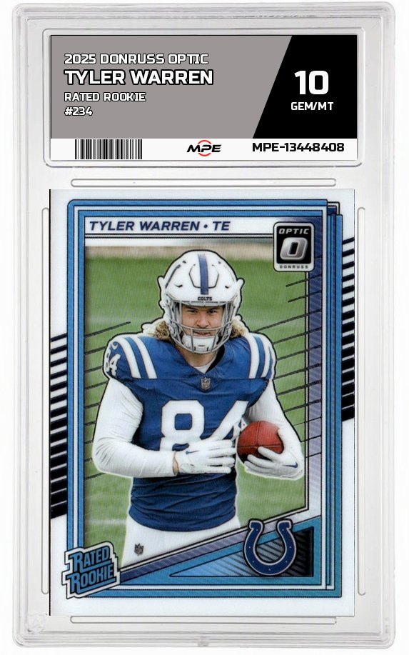 2025 DONRUSS OPTIC RATED ROOKIE #234 TYLER WARREN MPE 10 GEM/MT — graded card auctioned from the MPE vault