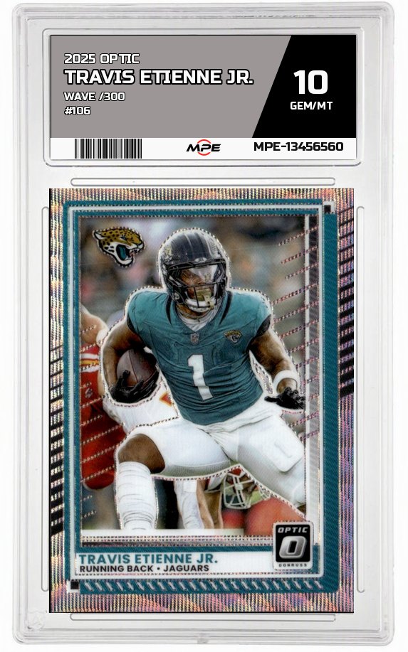 2025 OPTIC Wave /300 #106 TRAVIS ETIENNE JR. MPE 10 GEM/MT — graded card auctioned from the MPE vault