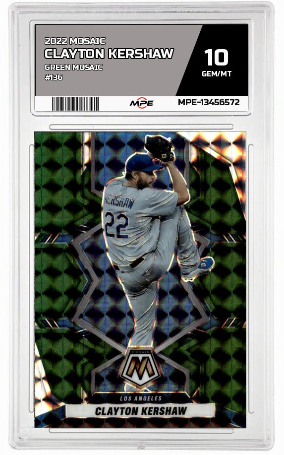 2022 MOSAIC GREEN MOSAIC #136 CLAYTON KERSHAW MPE 10 GEM/MT — graded card auctioned from the MPE vault