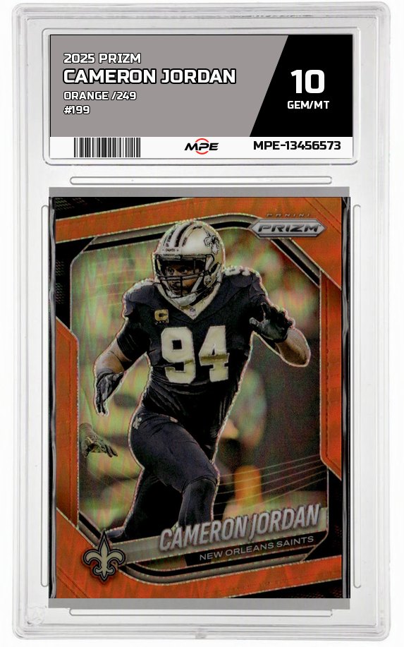 2025 PRIZM ORANGE /249 #199 CAMERON JORDAN MPE 10 GEM/MT — graded card auctioned from the MPE vault
