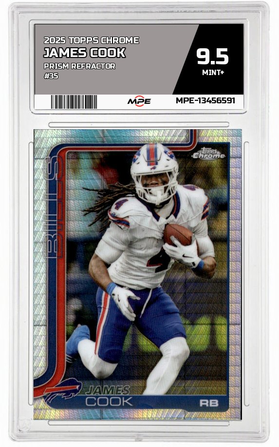 2025 TOPPS CHROME PRISM REFRACTOR #35 JAMES COOK MPE 9.5 MINT+ — graded card auctioned from the MPE vault
