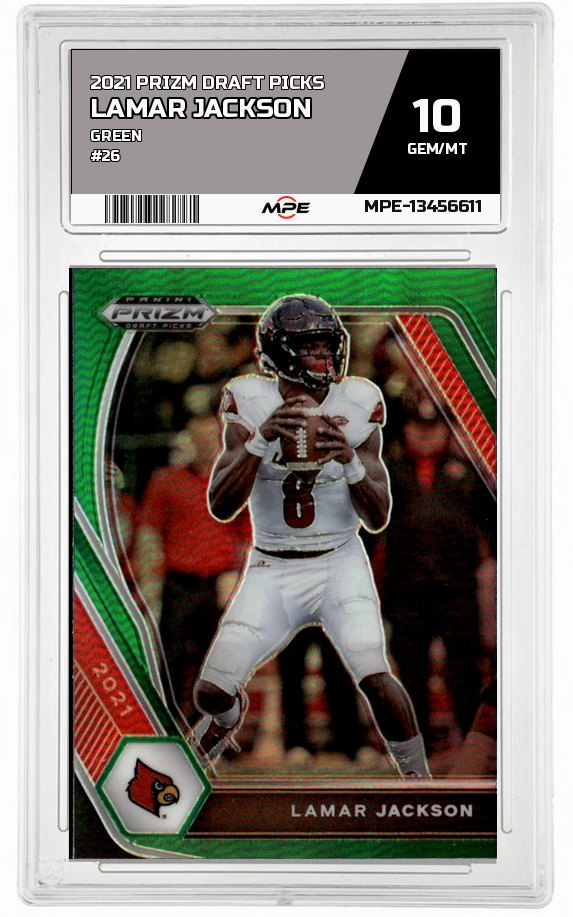 2021 PRIZM DRAFT PICKS GREEN #26 LAMAR JACKSON MPE 10 GEM/MT — graded card auctioned from the MPE vault
