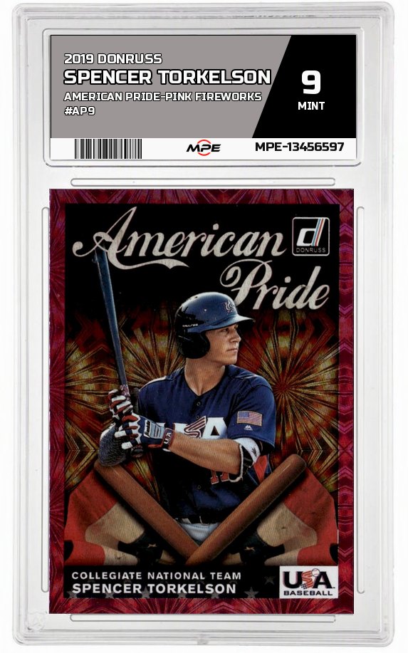 2019 DONRUSS AMERICAN PRIDE-PINK FIREWORKS #AP9 SPENCER TORKELSON MPE 9 MINT — graded card auctioned from the MPE vault