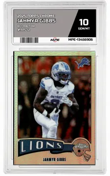 2025 TOPPS CHROME REFRACTOR #1975-12 JAHMYR GIBBS MPE 10 GEM/MT — graded card up for auction