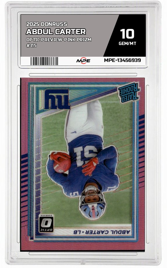 2025 DONRUSS OPTIC PREVIEW-PINK PRIZM #315 ABDUL CARTER MPE 10 GEM/MT — graded card auctioned from the MPE vault