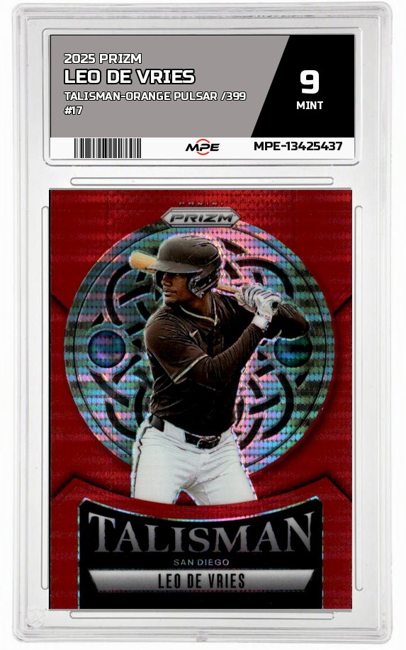 2025 PRIZM TALISMAN-ORANGE PULSAR /399 #17 LEO DE VRIES MPE 9 MINT — graded card auctioned from the MPE vault