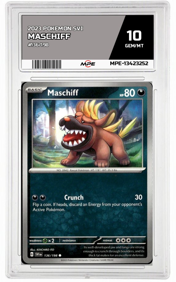2023 POKEMON SVI #136/198 MASCHIFF MPE 10 GEM/MT — graded card auctioned from the MPE vault
