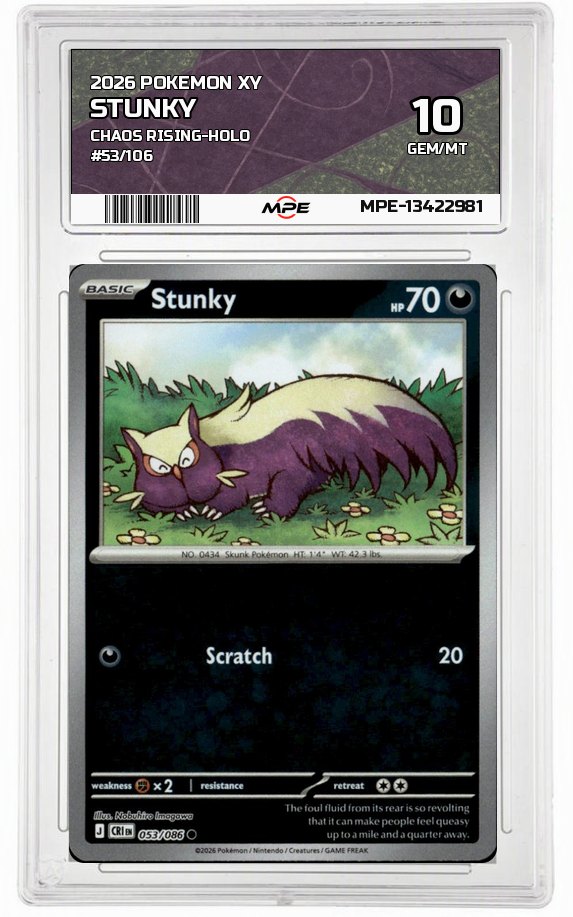 2026 POKEMON XY CHAOS RISING-HOLO #53/106 STUNKY MPE 10 GEM/MT — graded card auctioned from the MPE vault