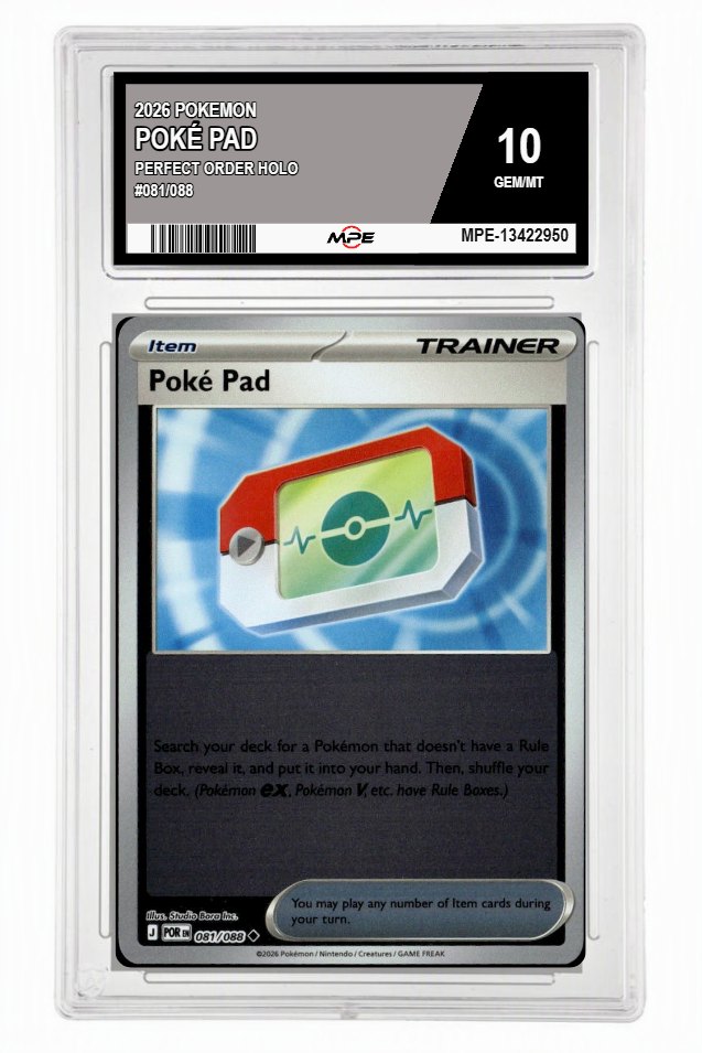 2026 POKEMON PERFECT ORDER HOLO #081/088 POKÉ PAD MPE 10 GEM/MT — graded card up for auction